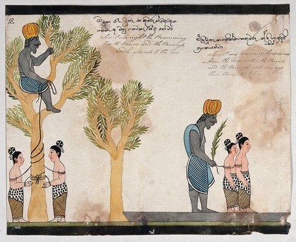 The brahmin, sitting in a tree, keeps the children of Vessantara tied up all night, and in the morning takes them on the road. Watercolour.