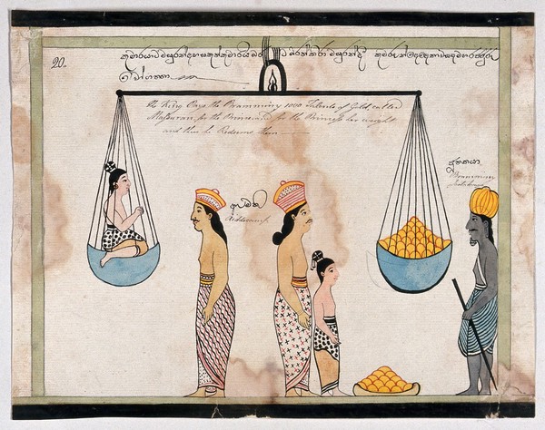 King Sanjaya redeems the children of Vessantara, paying to the brahmin the weight of the girl in gold. Watercolour.