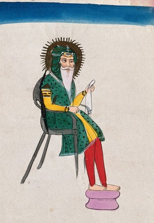 view A Sikh man with a halo sitting on a chair. Gouache painting by an Indian painter.