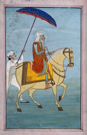 view A Sikh man on a horse followed by a man holding a parasol. Gouache painting by an Indian painter.