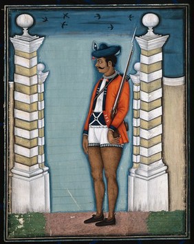 An Indian guard on duty outside an Englishman's house in Calcutta. Gouache painting by an Indian painter.