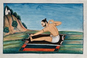 view An Indian person of high rank in a yogic posture (the bow pose, or dhanurāsana). Gouache painting by an Indian painter.