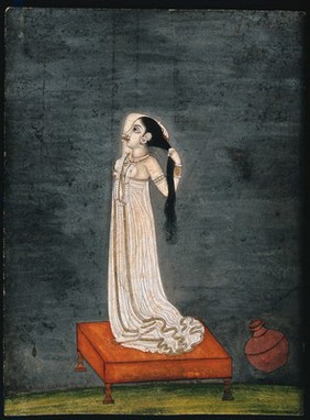 An Indian lady arranging her hair. Gouache painting by an Indian painter.