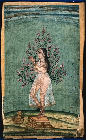 view An Indian lady standing next to a tree and praying. Gouache painting by an Indian painter.