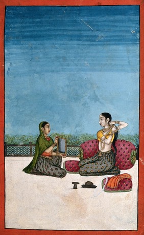 An Indian lady attending to her toilette with a helper holding a mirror for her. Gouache painting by an Indian painter.