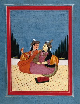 Two Persian (?) ladies sitting, one holding a musical instrument. Gouache painting by an Indian painter (?).