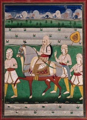 Rana Ranjit Singh on a horse with three attendants. Gouache painting by an Indian painter.