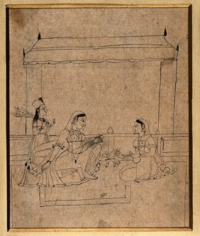 A lady sitting with two attendants. Drawing by an Indian artist.