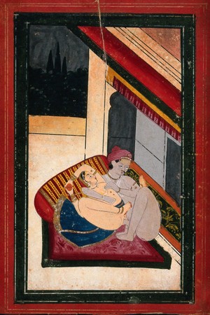 view A couple engaged in sexual intercourse. Gouache painting by an Indian painter.