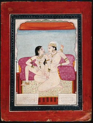 view A couple engaged in sexual intercourse. Gouache painting by an Indian painter.