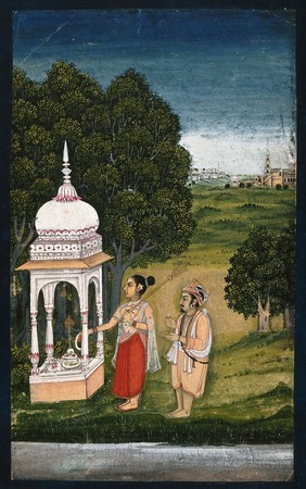 A couple worshipping the Shiva linga ; the woman puts a garland around the lingam. Gouache painting by an Indian painter.