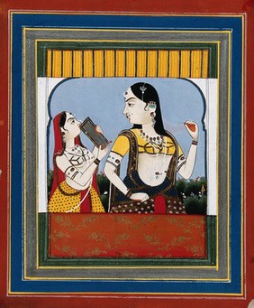 An Indian lady looking into a small mirror held by another woman. Gouache painting by an Indian painter.