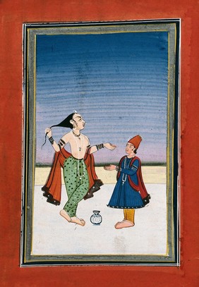 An Indian man standing holding his hair while another man stands in front of him with hands outstretched. Gouache painting by an Indian painter.