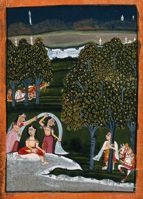 Three women in the garden being watched by a man standing next to the trees with his horse. Gouache painting by an Indian painter.