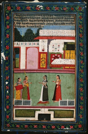 view Two women beckoning two musicians with a sitar (?) and a tabla (?). Gouache painting by an Indian painter.