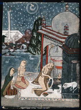 A woman putting a garland around the Shivling while the other two fold their hands to pray. Gouache painting by an Indian painter.