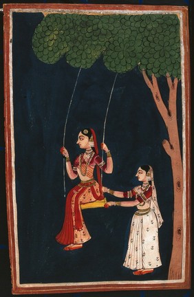 An Indian lady on a swing being pushed by another Indian woman. Gouache painting by an Indian painter.