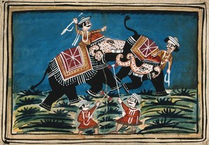 view Two men on elephants and two men on the ground engaged in battle. Gouache painting by an Indian painter.