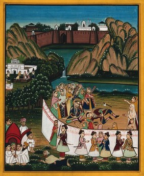 A group of women inside an enclosure gather around a dead man while in the foreground a decapitated woman lies in front of the guards and some men smoking a hukka. Gouache painting by an Indian painter.