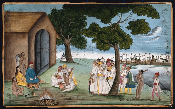 A group of people gather and listen to a man sitting on a tiger skin singing religious songs (?) accompanied by four musicians. Gouache painting by an Indian painter.