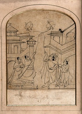 A man and a woman flying kites watched by another couple. Drawing by an Indian artist.