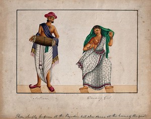 view A dancing girl and musician. Gouache painting by an Indian painter.