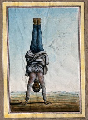 An Indian woman standing upside down on her hands. Gouache painting by an Indian painter.