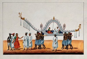 view A bride and groom being carried in palanquin decorated with flowers by eight men on their shoulders, preceded by a dancing girl. Gouache painting by an Indian painter.