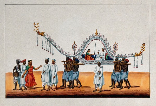 A bride and groom being carried in palanquin decorated with flowers by eight men on their shoulders, preceded by a dancing girl. Gouache painting by an Indian painter.