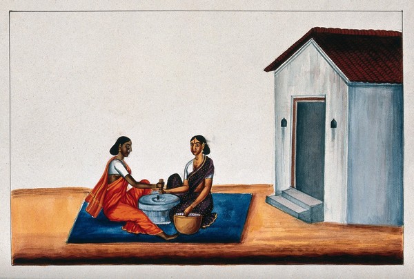 Two Indian women working on the quern to grind the grain into flour. Gouache painting by an Indian painter.