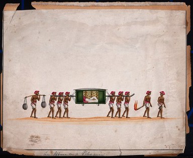 Indian men carrying a European officer in a palanquin. Gouache by an Indian artist.