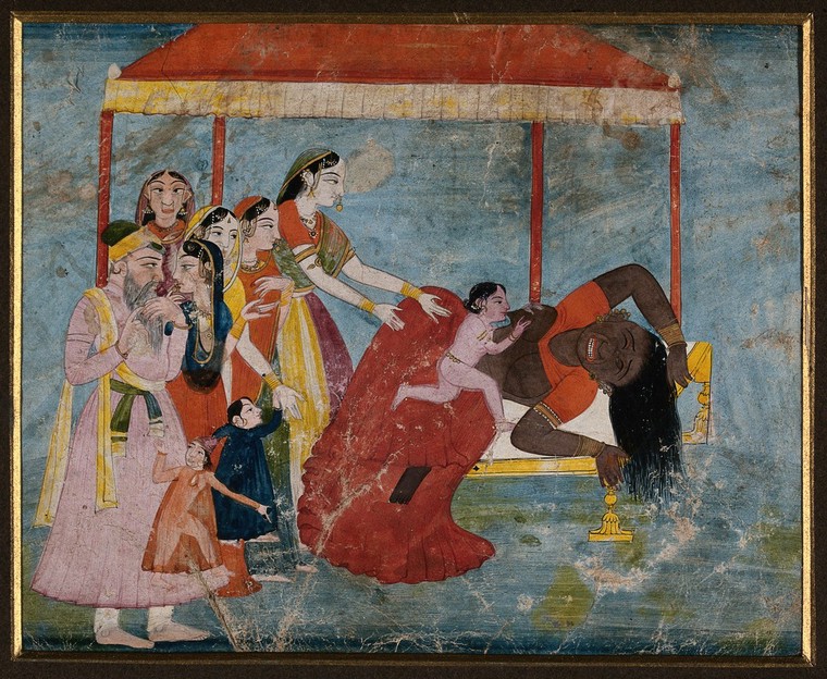 Lord Krishna Killing Putana The Demon Gouache Painting By An Indian