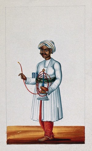 view A man holding a hookah (smoking pipe). Gouache painting by an Indian painter.