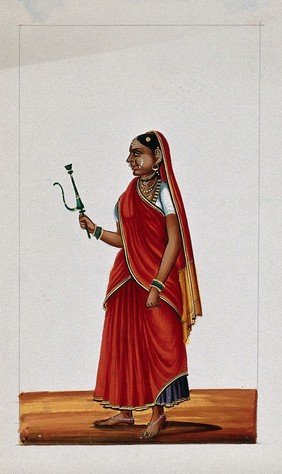 A woman holding a samll hookah (smoking pipe). Gouache painting by an Indian painter.