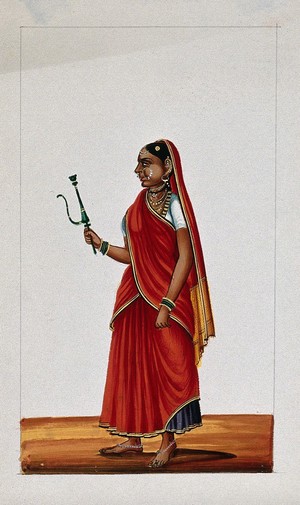 view A woman holding a samll hookah (smoking pipe). Gouache painting by an Indian painter.