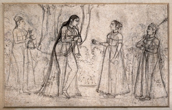 A woman smoking a pipe standing with her attendants. Drawing by an Indian artist.