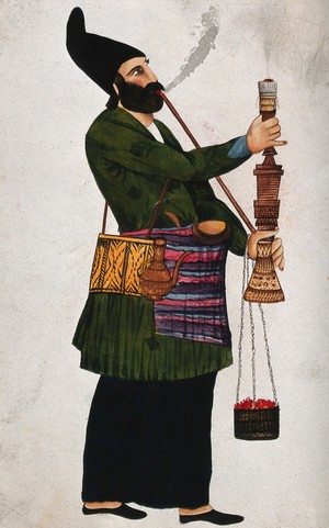 view A Turkish man (?) smoking a hookah. Gouache painting by an Indian painter.