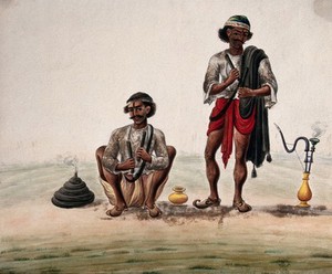 view Two village men preparing to smoke a hookah. Gouache painting by an Indian painter.