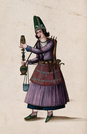 A Turkish (?) woman smoking a hookah. Gouache painting by an Indian painter.