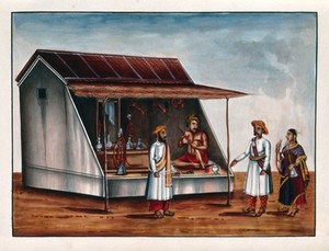 view A woman and two men at a hookah shop. Gouache painting by an Indian painter.