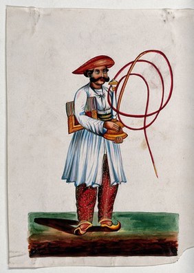 A hookah carrier with a red piped hookah. Gouache painting by an Indian painter.