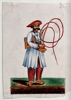 view A hookah carrier with a red piped hookah. Gouache painting by an Indian painter.