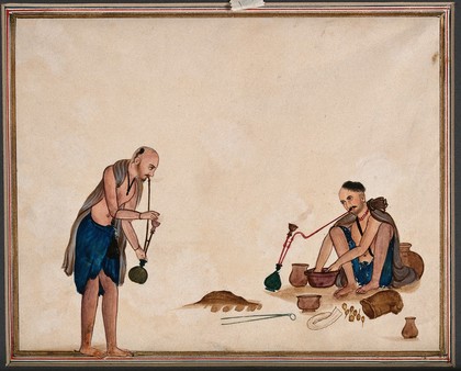 Two men preparing and smoking opium. Gouache painting by an Indian painter.