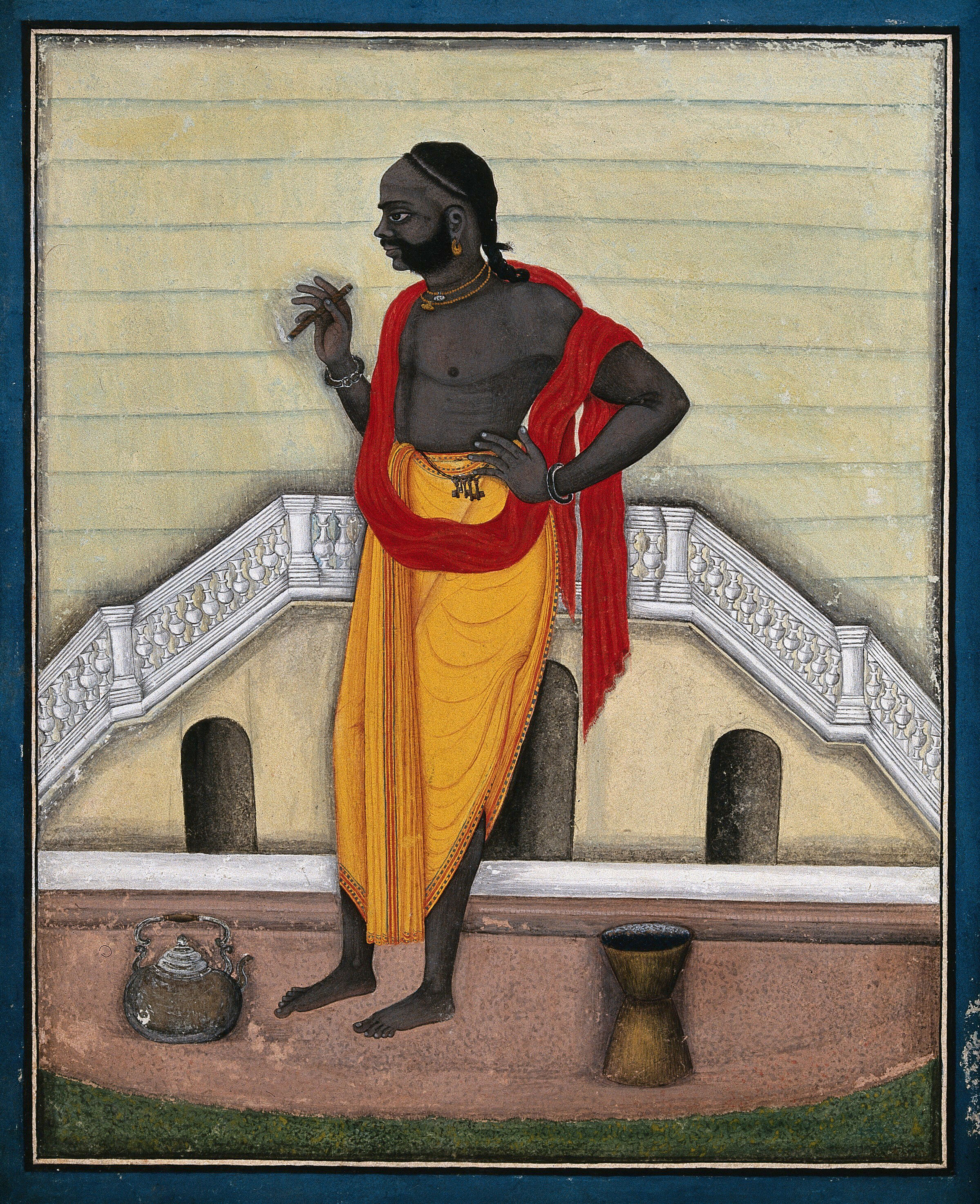 A Man Smoking An Indian Type Cigar Gouache Painting By An Indian