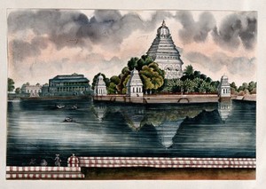 view Madurai: a view of the tank and the Judge's house. Watercolour by an Indian painter.