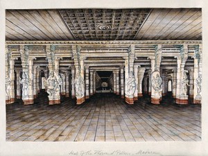 view Madurai: the hall of a thousand pillars in the Meenakshi temple complex, which leads the way to the temples. Watercolour by an Indian painter.