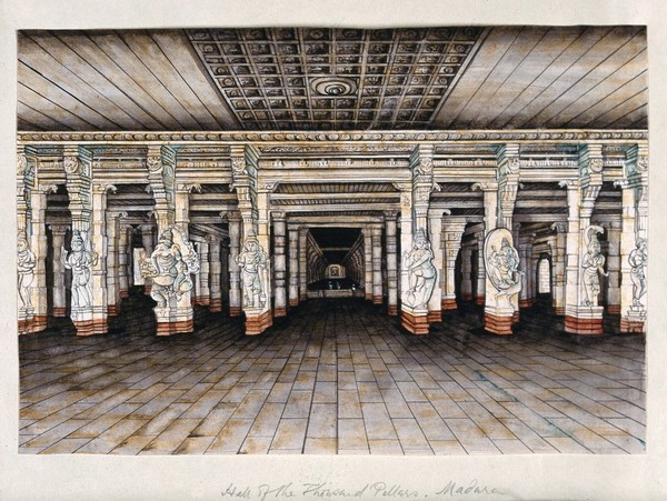 Madurai: the hall of a thousand pillars in the Meenakshi temple complex, which leads the way to the temples. Watercolour by an Indian painter.