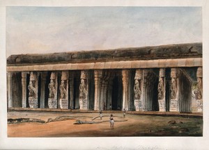view A view of Mandapam, Tamil Nadu, with giant horses carved on the pillars. Watercolour by an Indian painter.