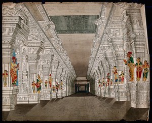 view Rameshvaram, corridor with large pillars leading to the temple dedicated to Lord Shiva. Drawing by an Indian painter.