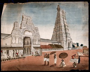 view Madura: entrance to the main pagoda. Watercolour by an Indian painter.